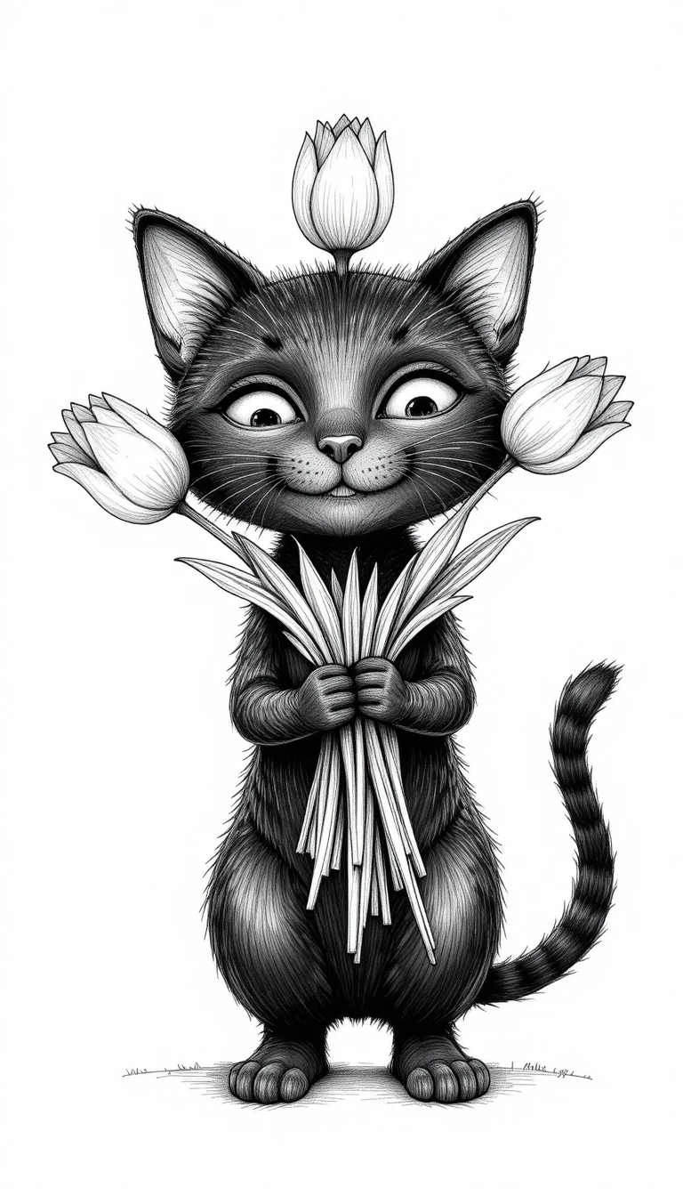 Lächelnde schwarze Cartoon-Katze mit einem Tulpenstrauß