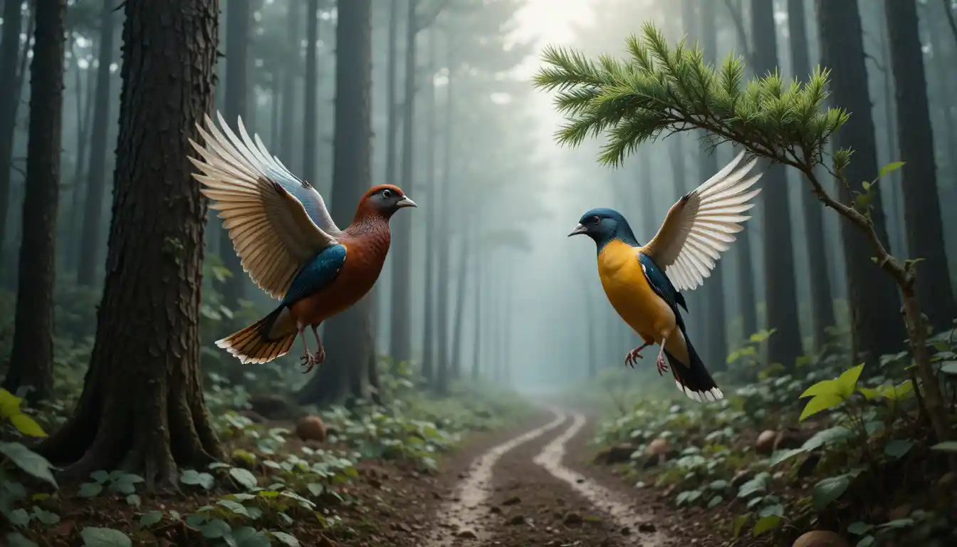 Two colorful forest birds in dynamic mid flight scene