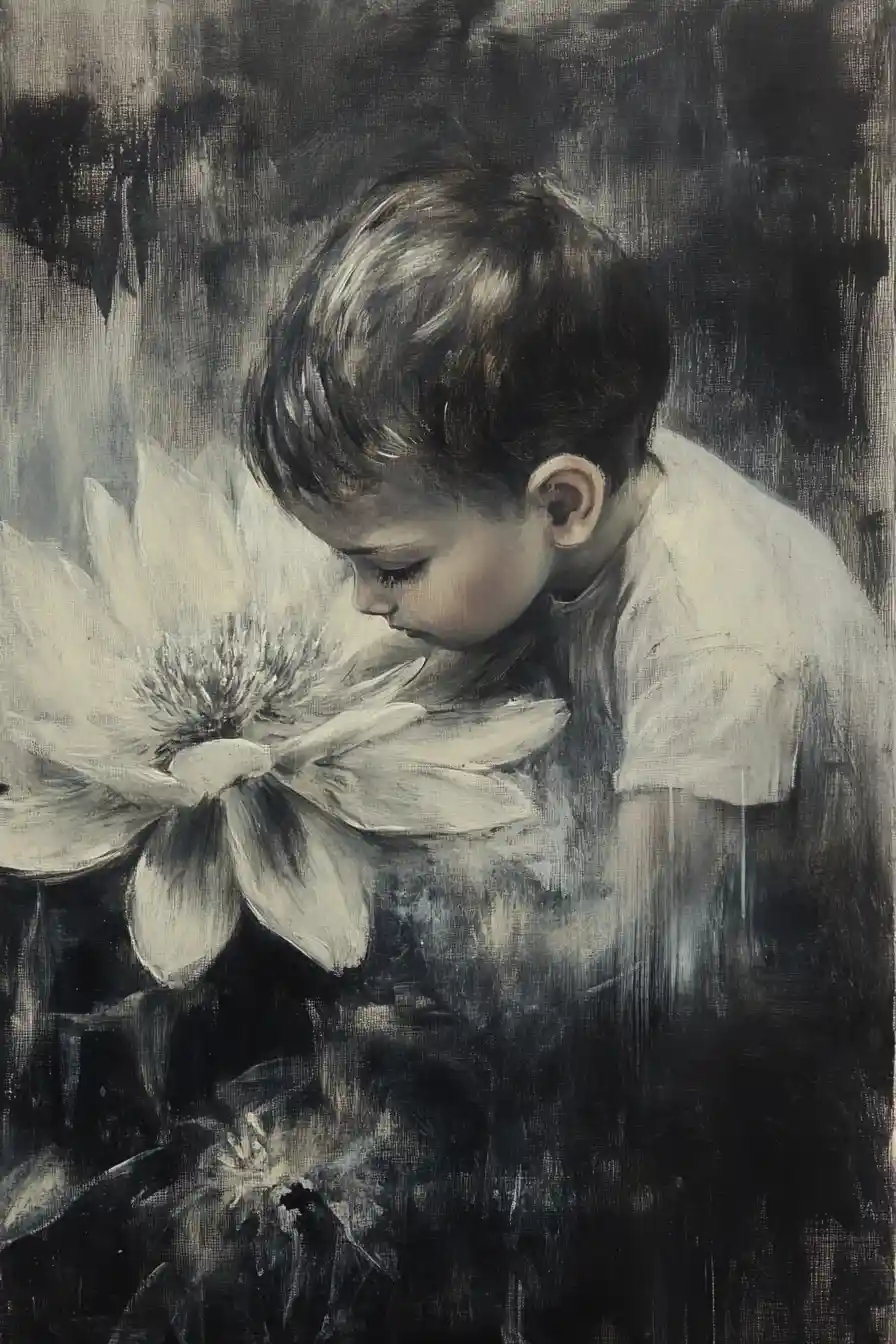 Determined child climbing a giant blooming flower