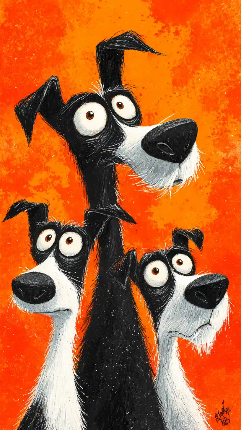 Whimsical dog family illustration on pastel abstract background