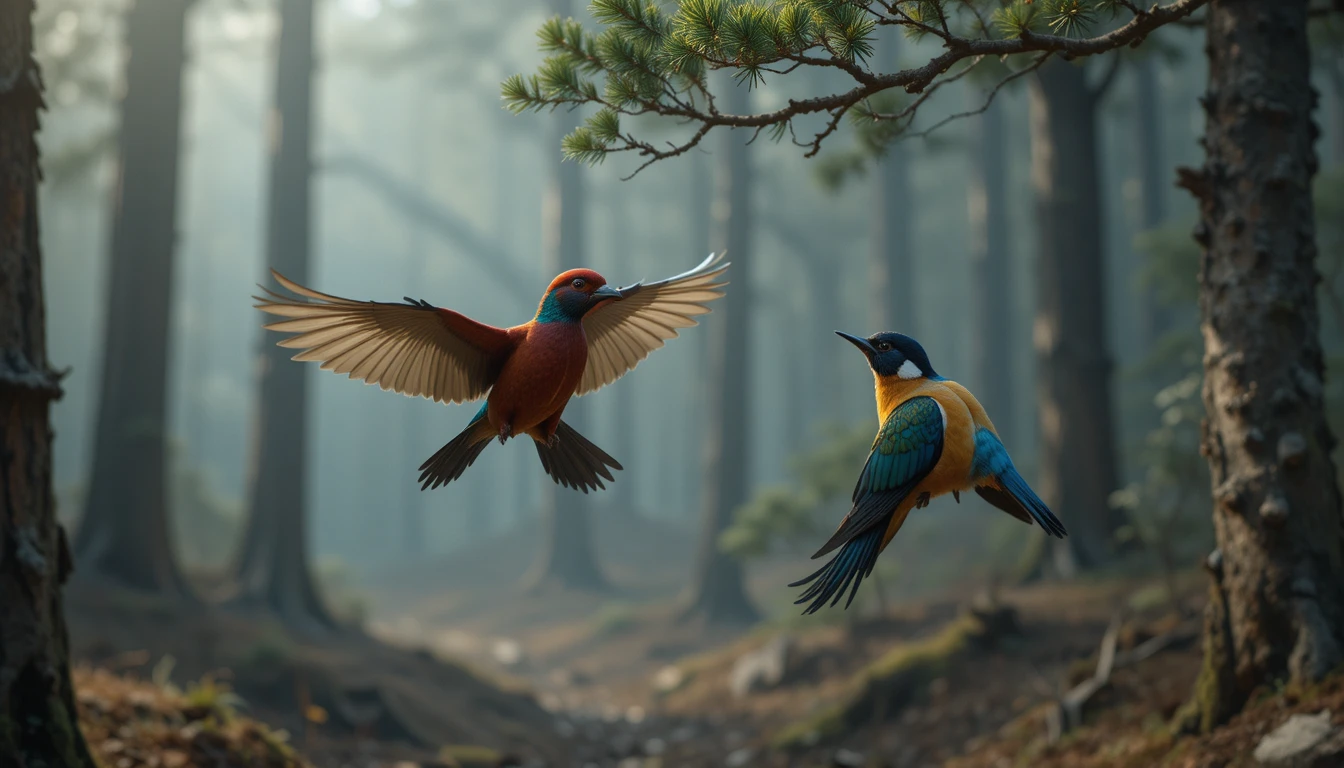 Dos coloridas aves en vuelo sobre un sendero de bosque brumoso