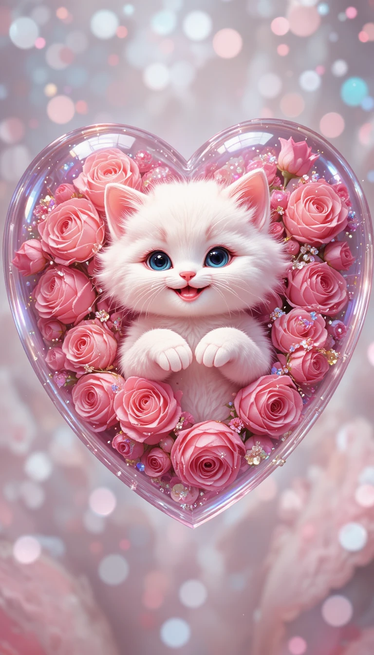 Cute white kitten in a sparkling crystal heart