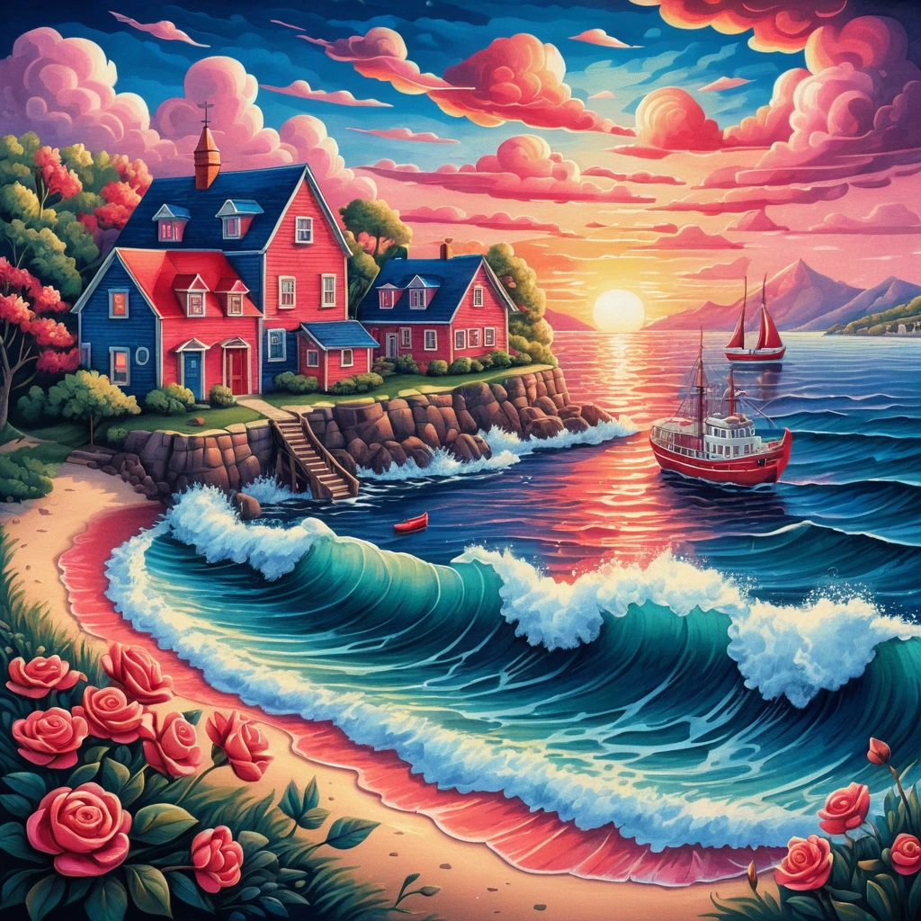 Bunte Küstenstadt bei Sonnenaufgang mit kleinem roten Schiff