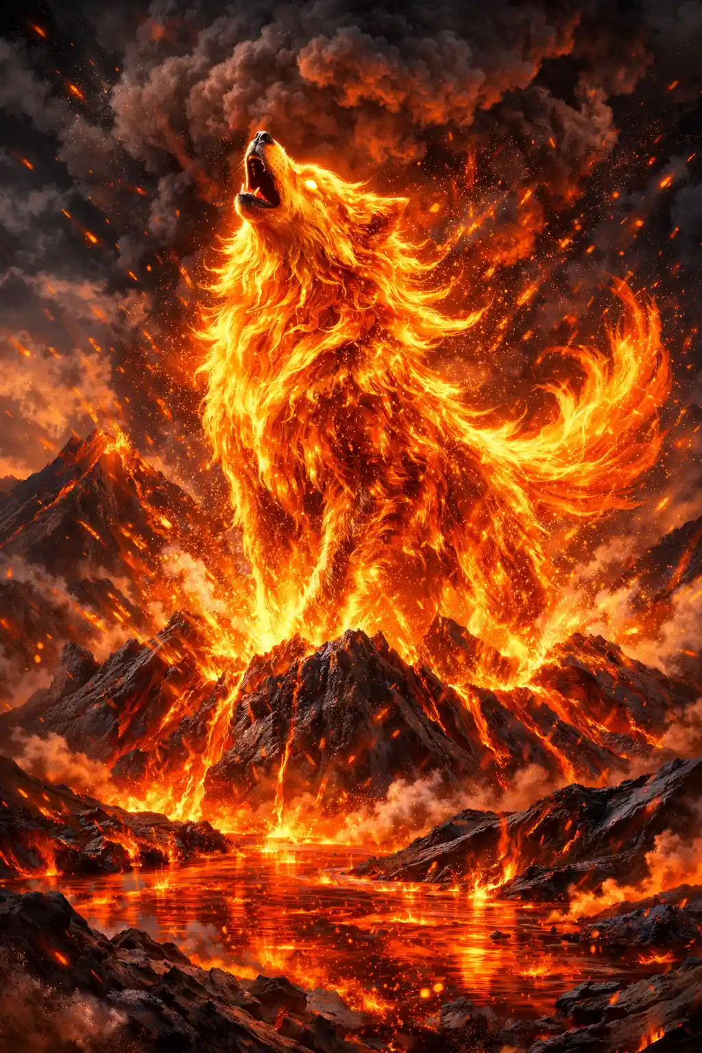 Fiery Wolf Of Living Flames Rising From Volcano