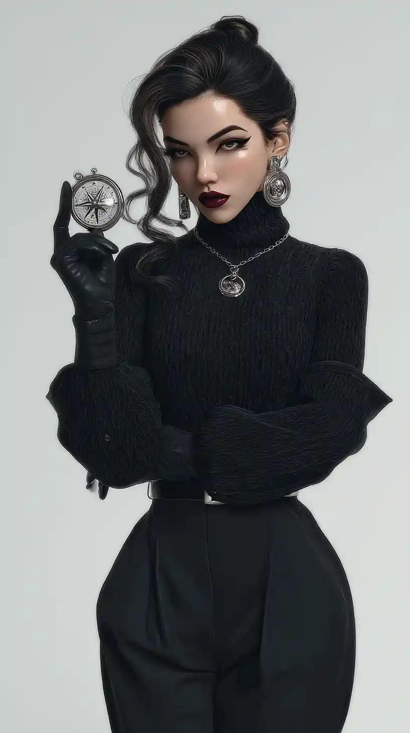 Arcane inspired woman inspecting a compass in winter fashion