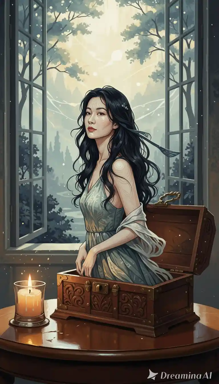 Paper craft woman emerging from an antique wooden display box