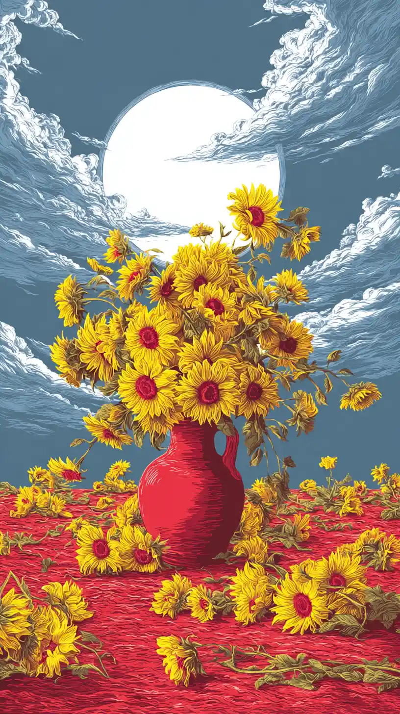 Romantic moon offering sunflowers to the radiant sun