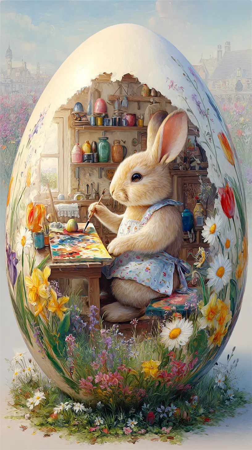 Close up painted easter egg on spring flower meadow