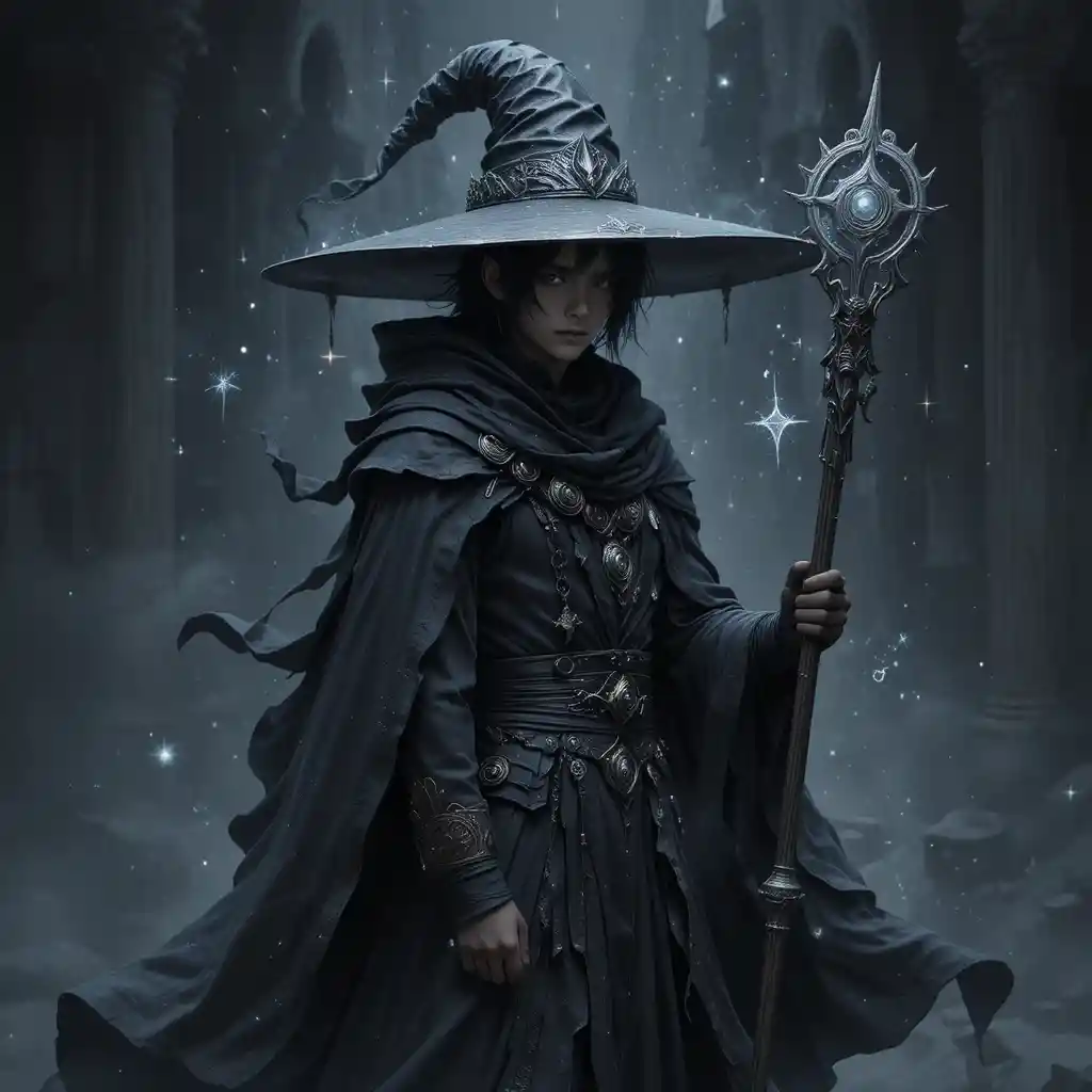 Young black mage with staff and glowing magic sigils