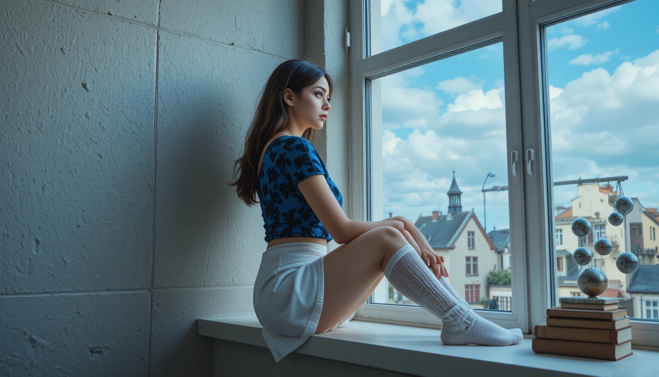 Young woman sitting on a window ledge in soft daylight