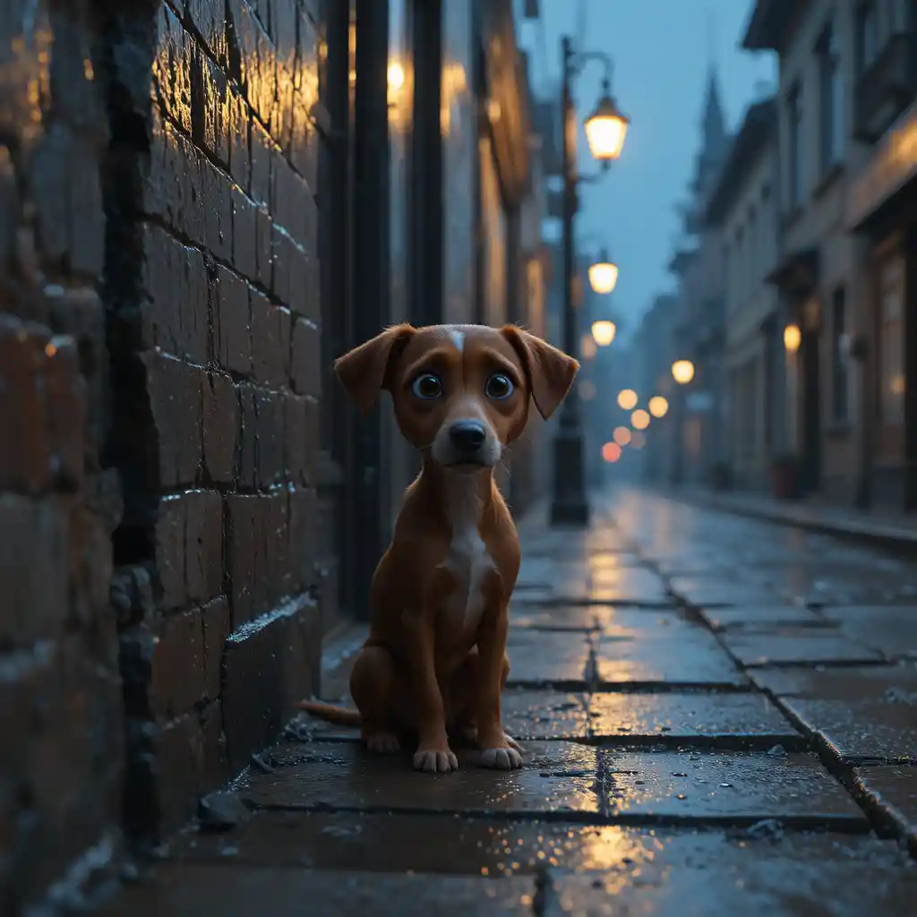 Chien errant solitaire sous la pluie, baigné par la douce lueur d’un réverbère
