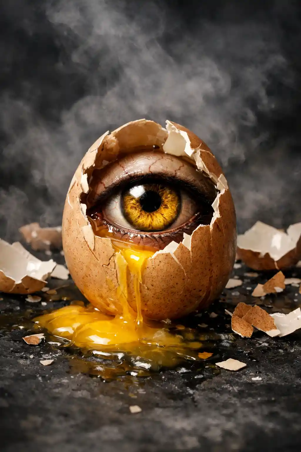 Surreal cracked egg with a single golden eye