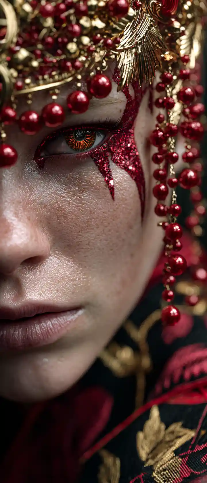 Cyber oni woman portrait in red and gold kimono