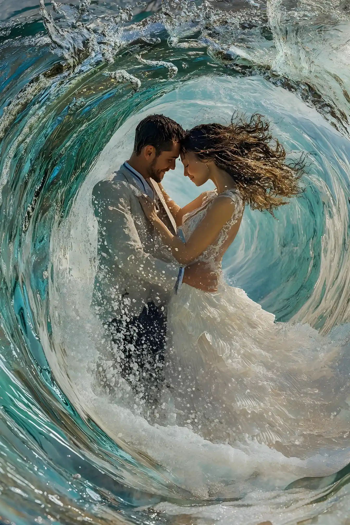 Romantic abstract figures blending inside a crystal sea wave