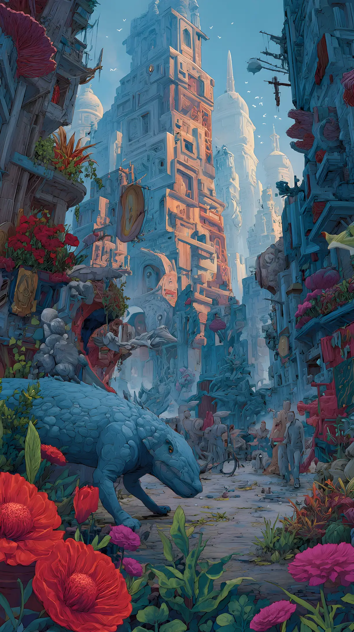 Alien marketplace with lovers amid a chaotic brawl