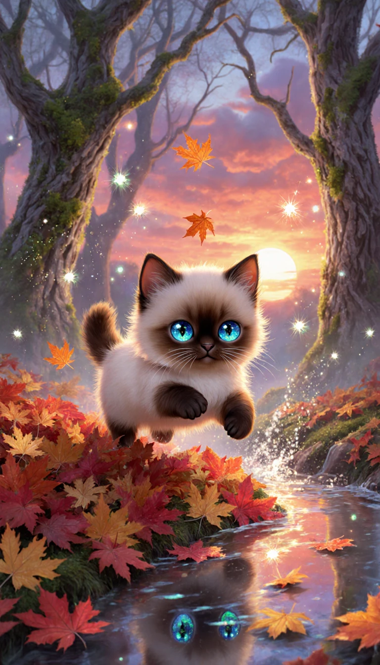 Gatito siamés chibi jugando entre hojas de otoño mágicas