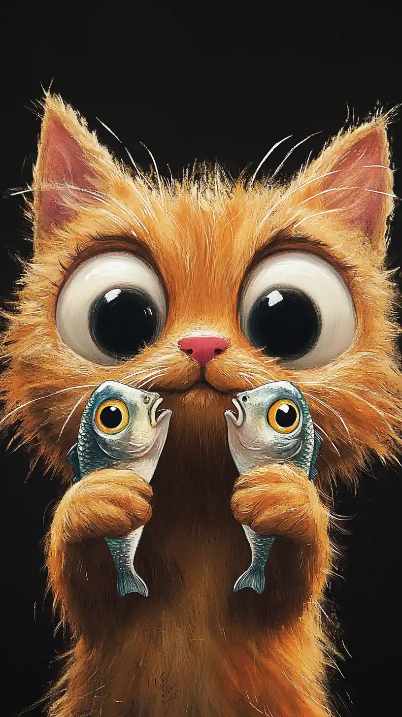 Gato naranja juguetón escondido detrás de dos peces de caricatura