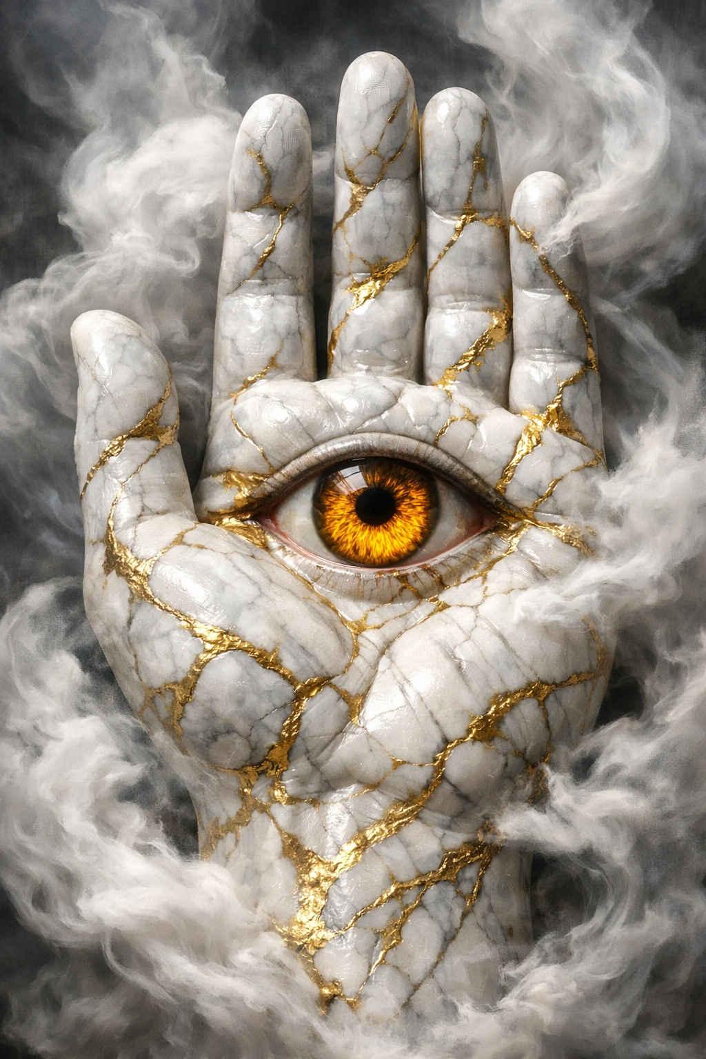 Mano de mármol surrealista con ojo brillante en una niebla en espiral