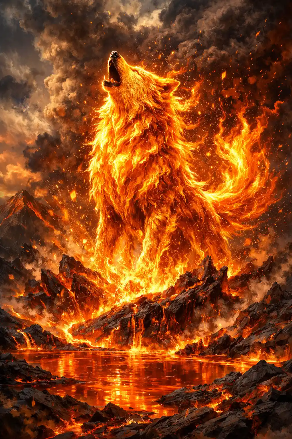 Feuriger Wolf aus lebendigen Flammen, der aus einem ausbrechenden Vulkan aufsteigt