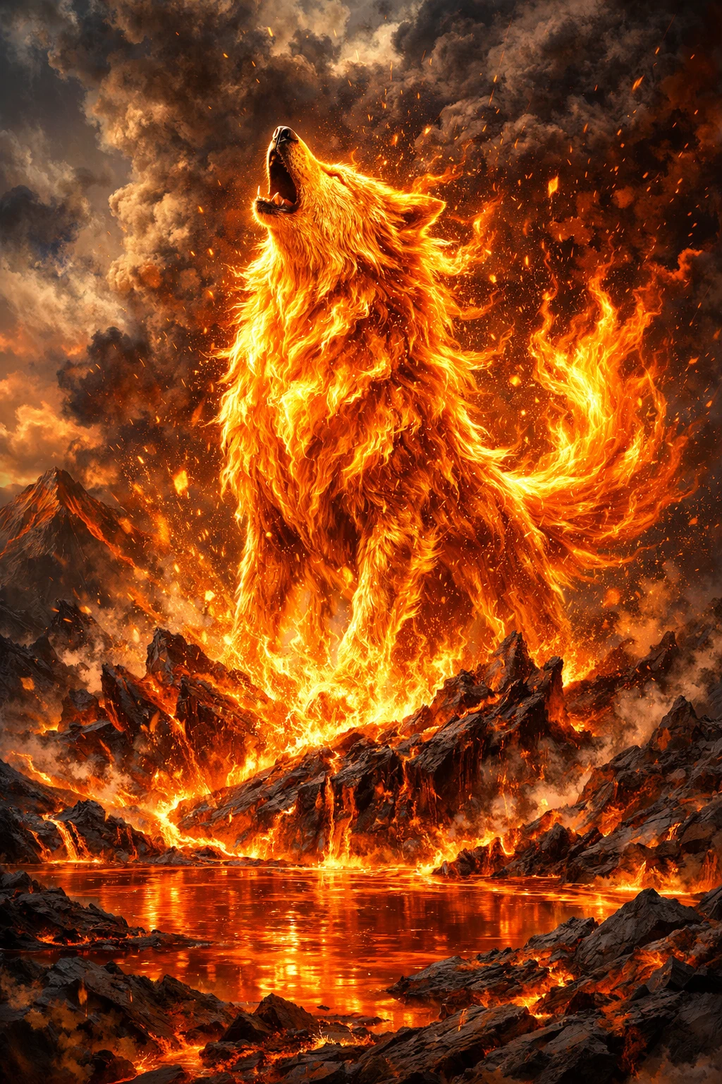 Feuriger Wolf aus lebendigen Flammen, der aus einem ausbrechenden Vulkan aufsteigt