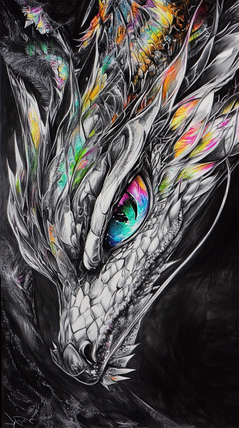 Surreal charcoal dragon portrait with glowing iridescent scales