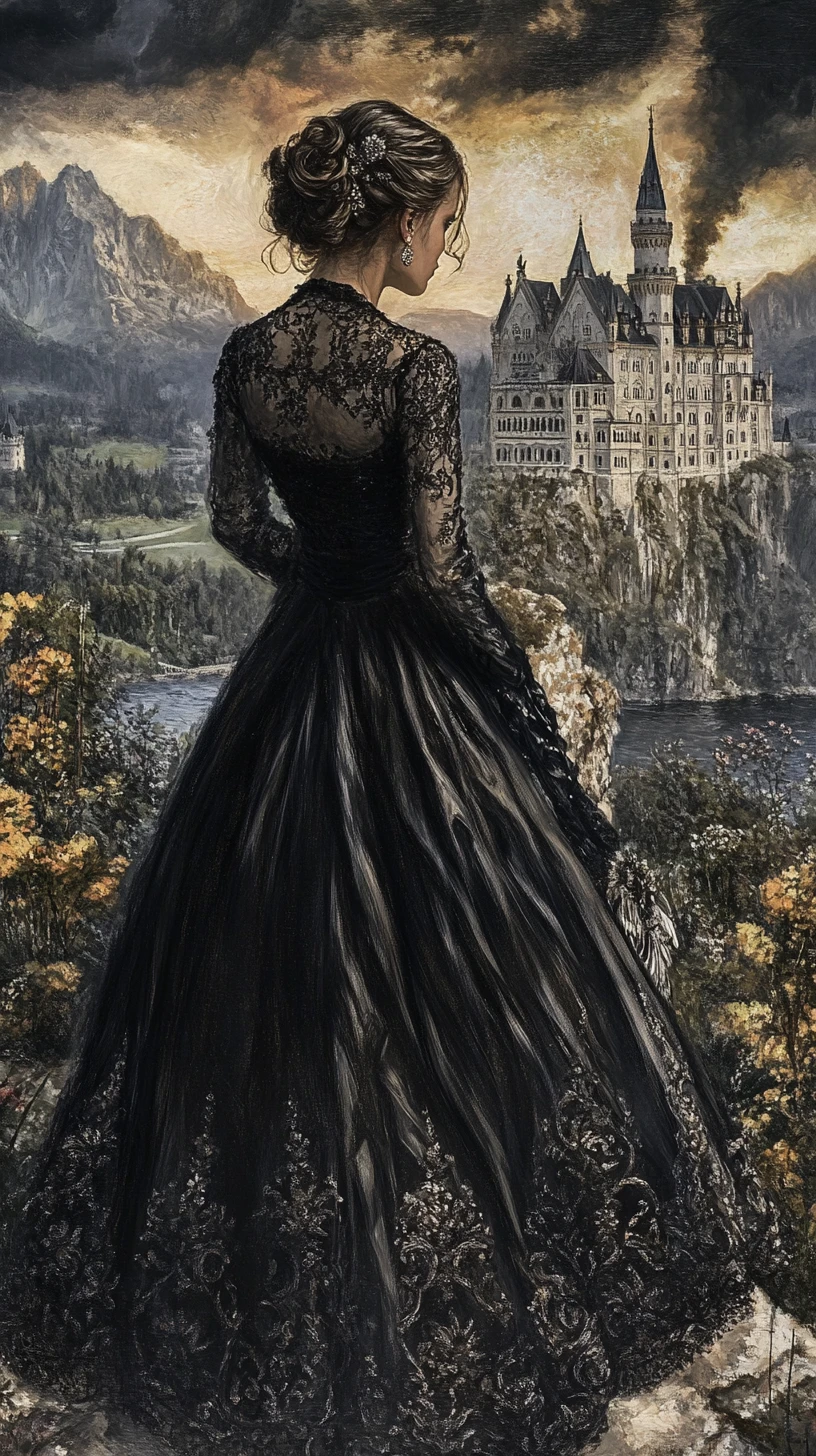 Porträt einer fröhlichen Gothic-Frau vor Neuschwanstein in der Dämmerung