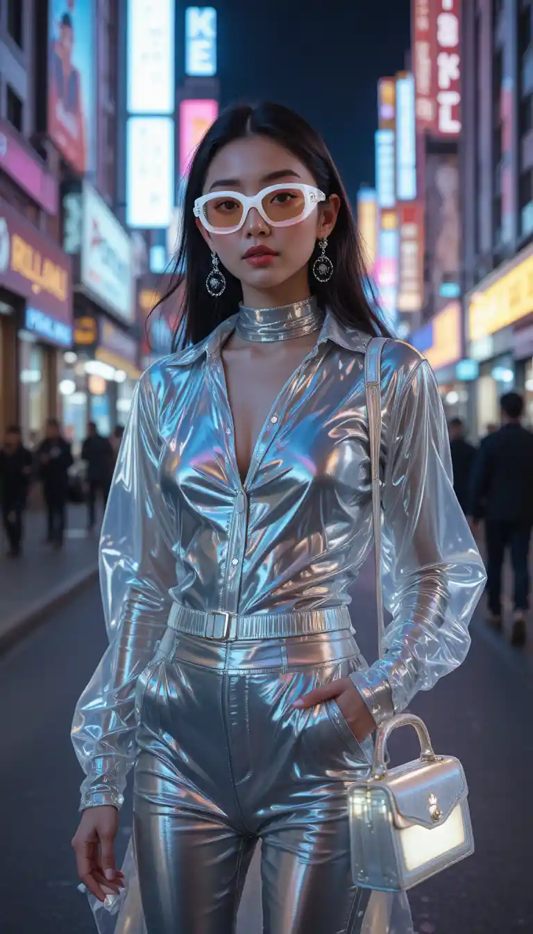 Y2K fashion woman on neon lit city street at night