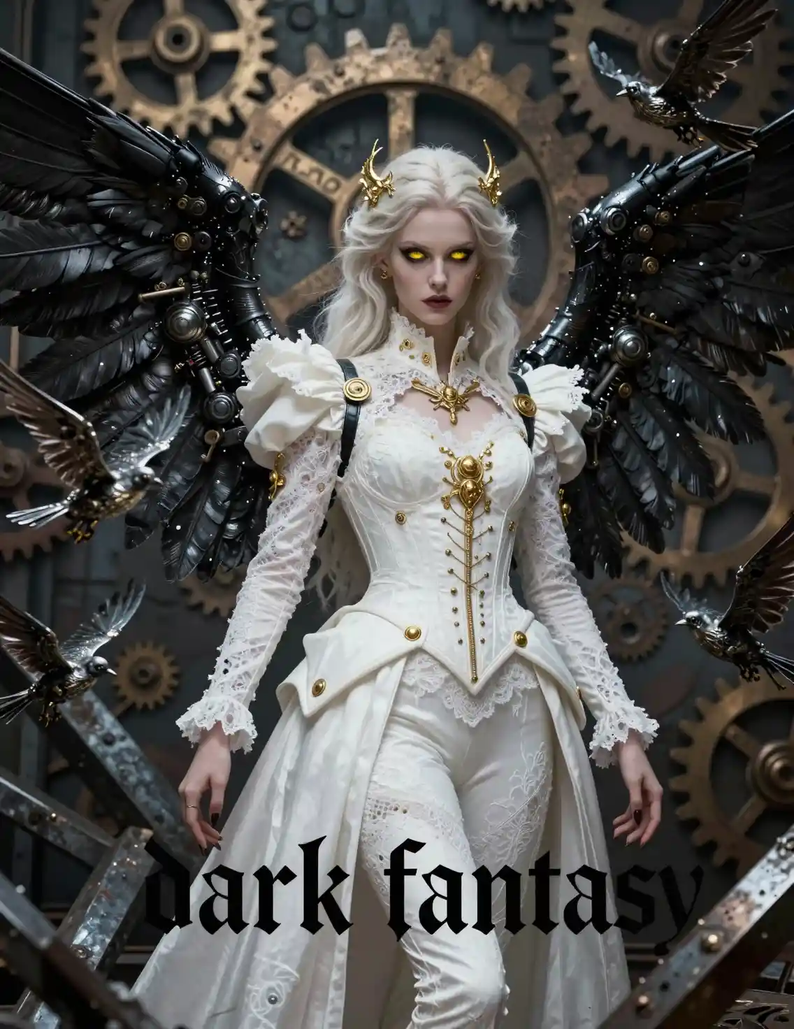 Dark angel with mechanical wings in industrial ruins