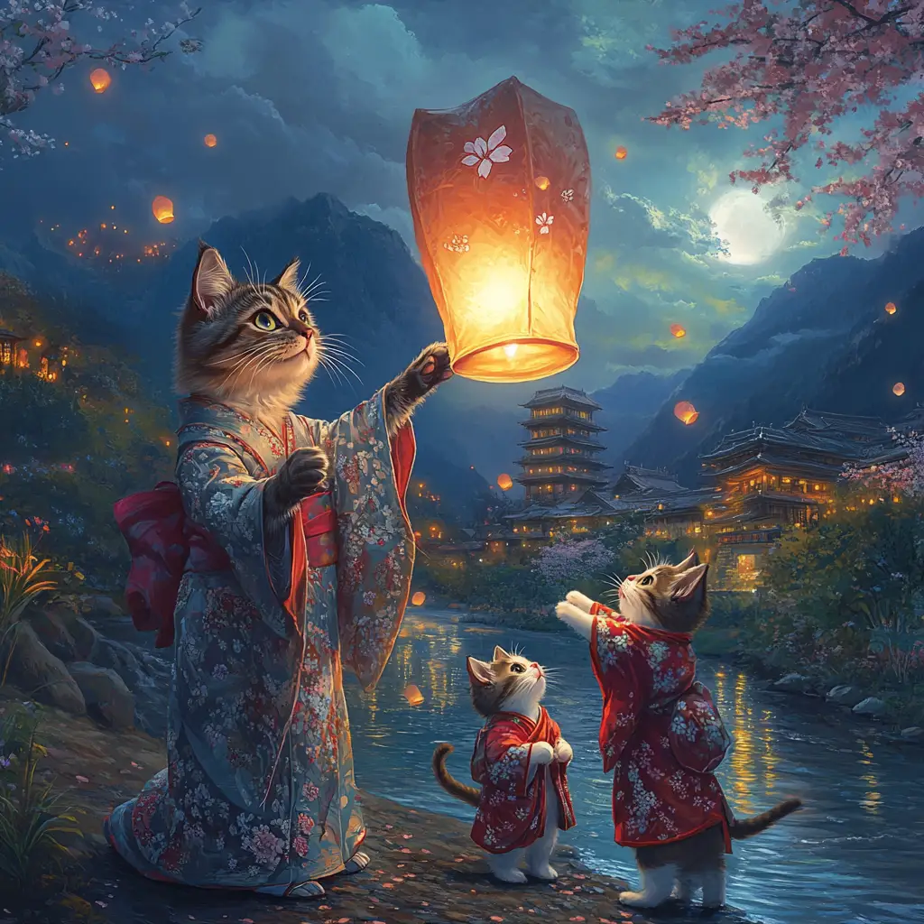 Majestic kimono cat releasing a glowing sky lantern