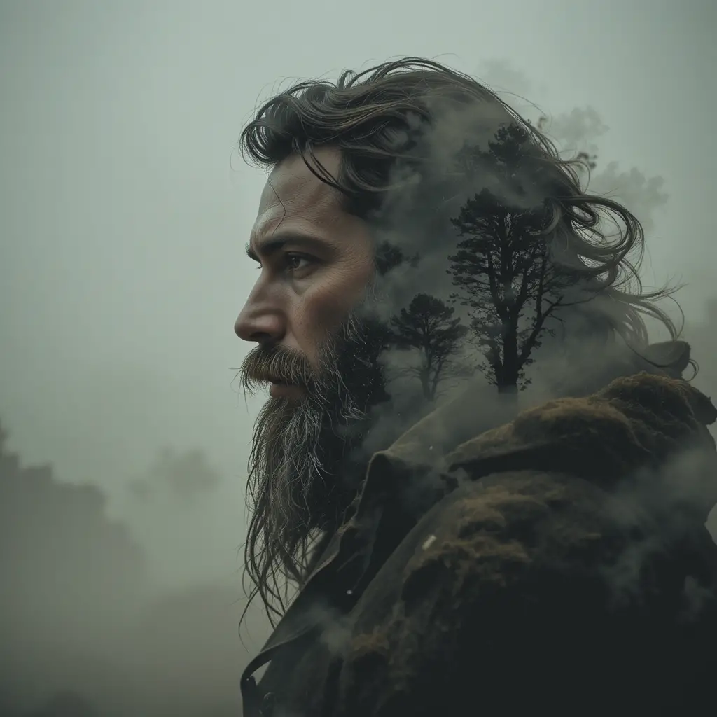 Double exposure profile of a bearded man with windswept trees