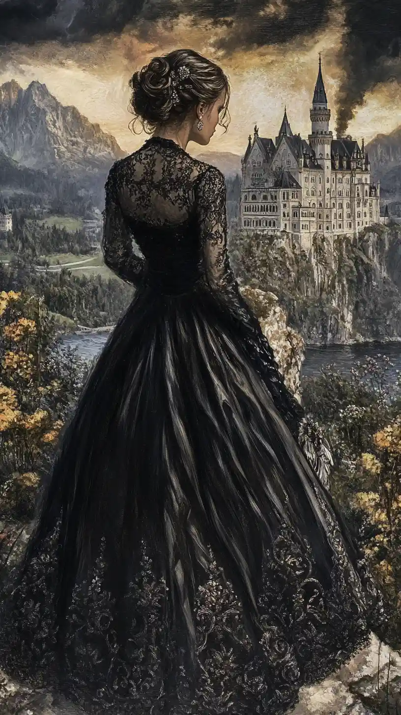 Ritratto di donna gotica felice davanti a Neuschwanstein al crepuscolo