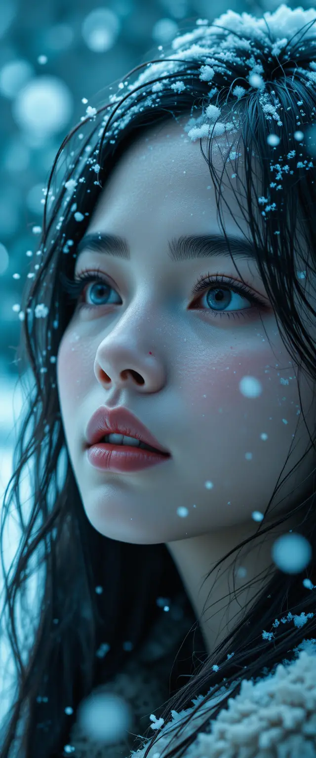 Dreamy winter close up portrait of a young woman