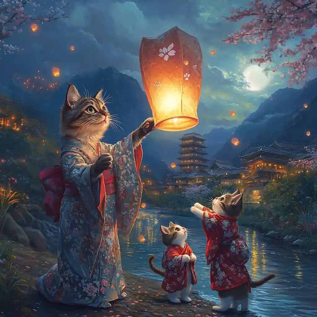 Maestoso gatto in kimono che libera una lanterna celeste luminosa