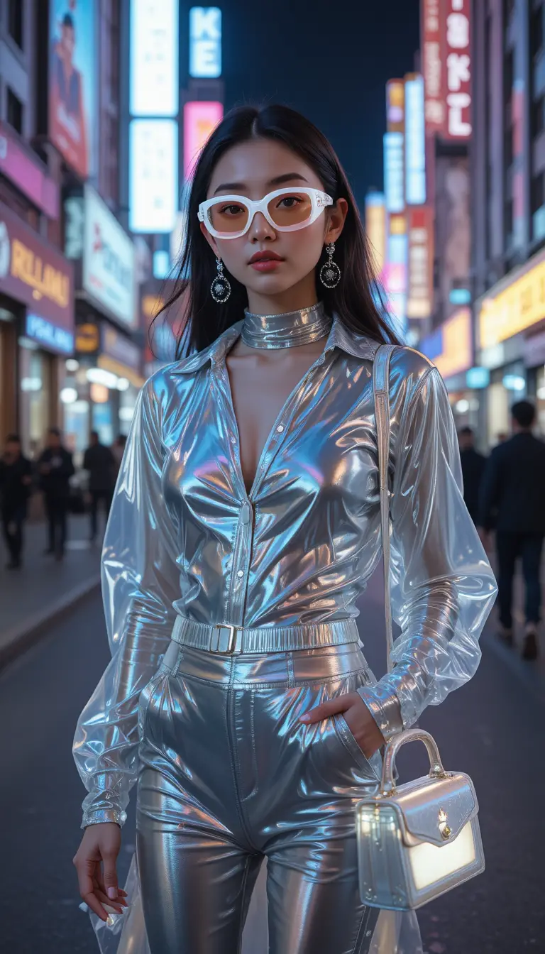 霓虹燈夜色街頭上的Y2K時尚女子