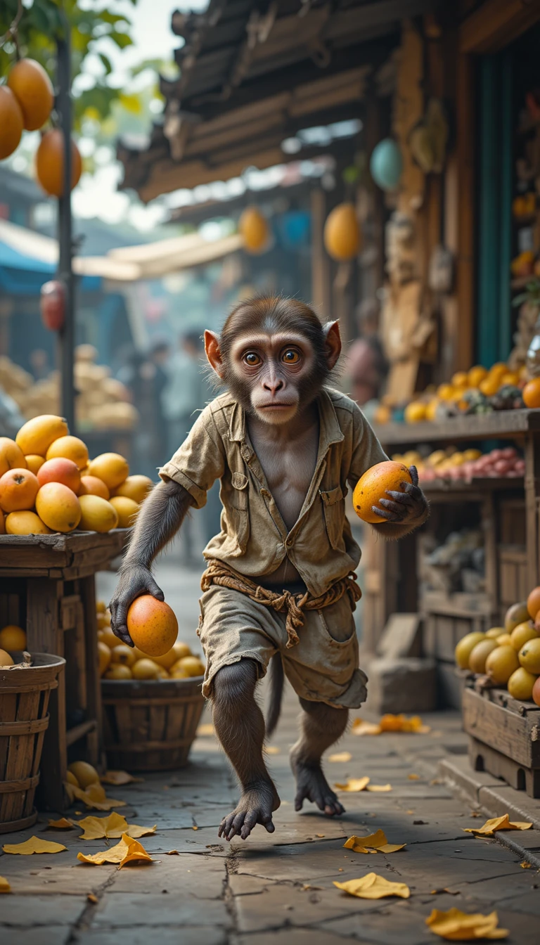Mono travieso robando un mango en un colorido puesto callejero
