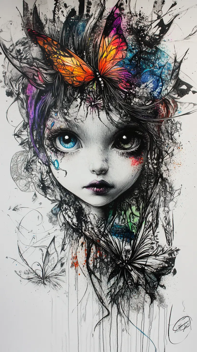 Surreal gothic fairy with hypnotic eyes in dreamlike colors