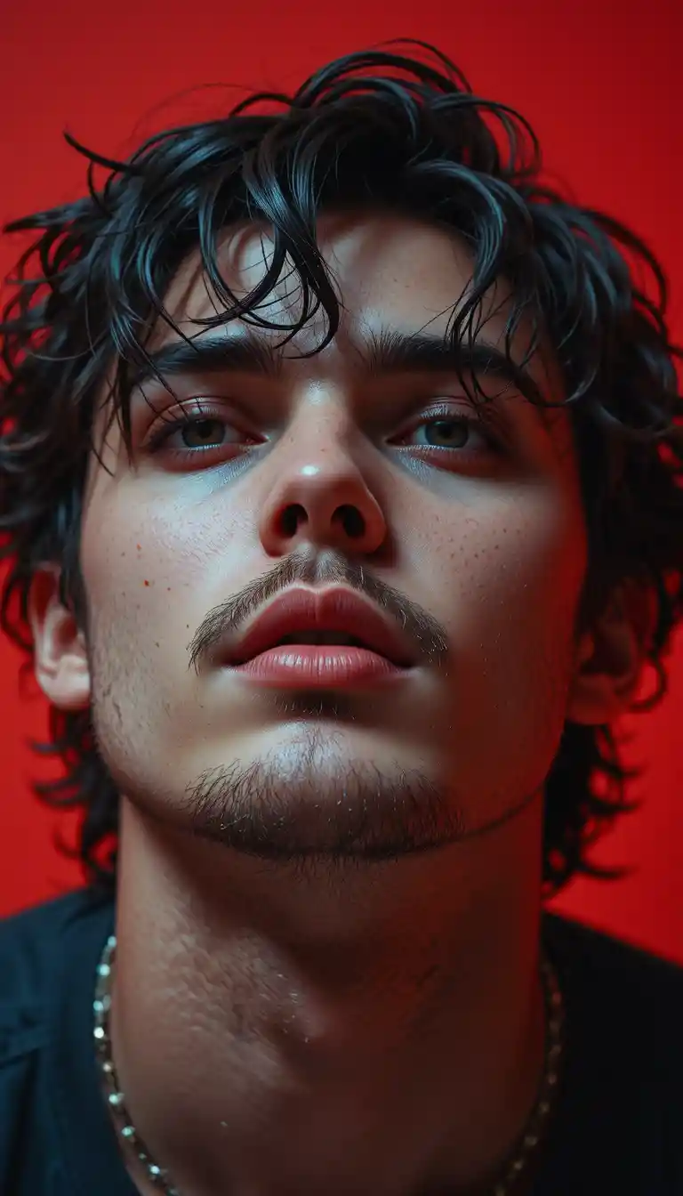 Low angle cinematic portrait of a young man in red