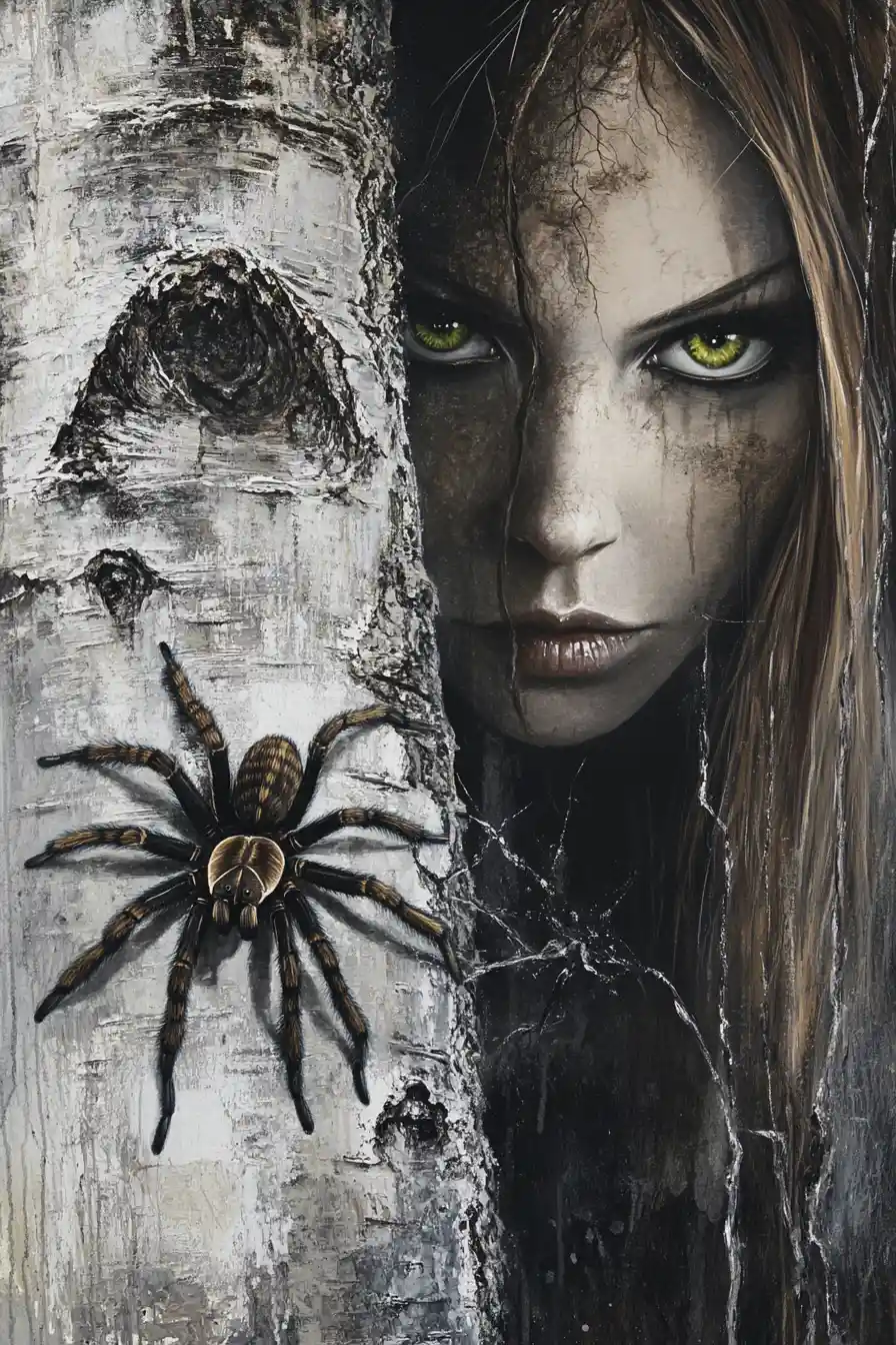 Woman glaring from behind birch tree with giant tarantula