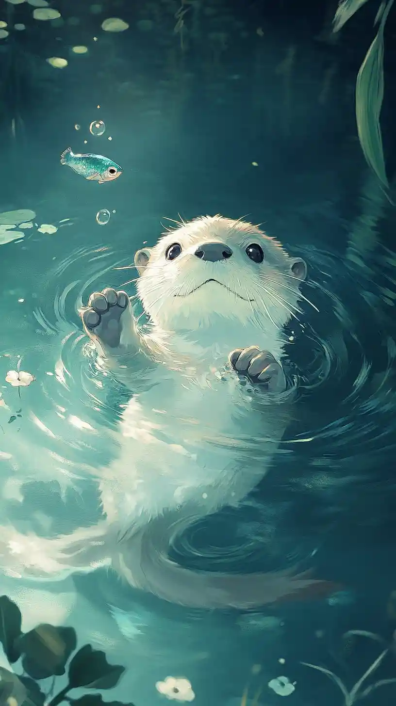 Playful otter cub floating calmly in soft blue water