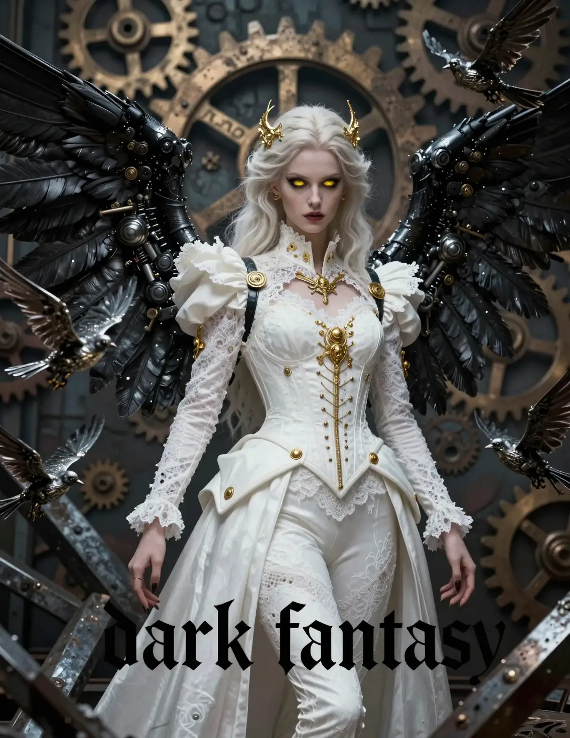 Dark angel with mechanical wings in industrial ruins