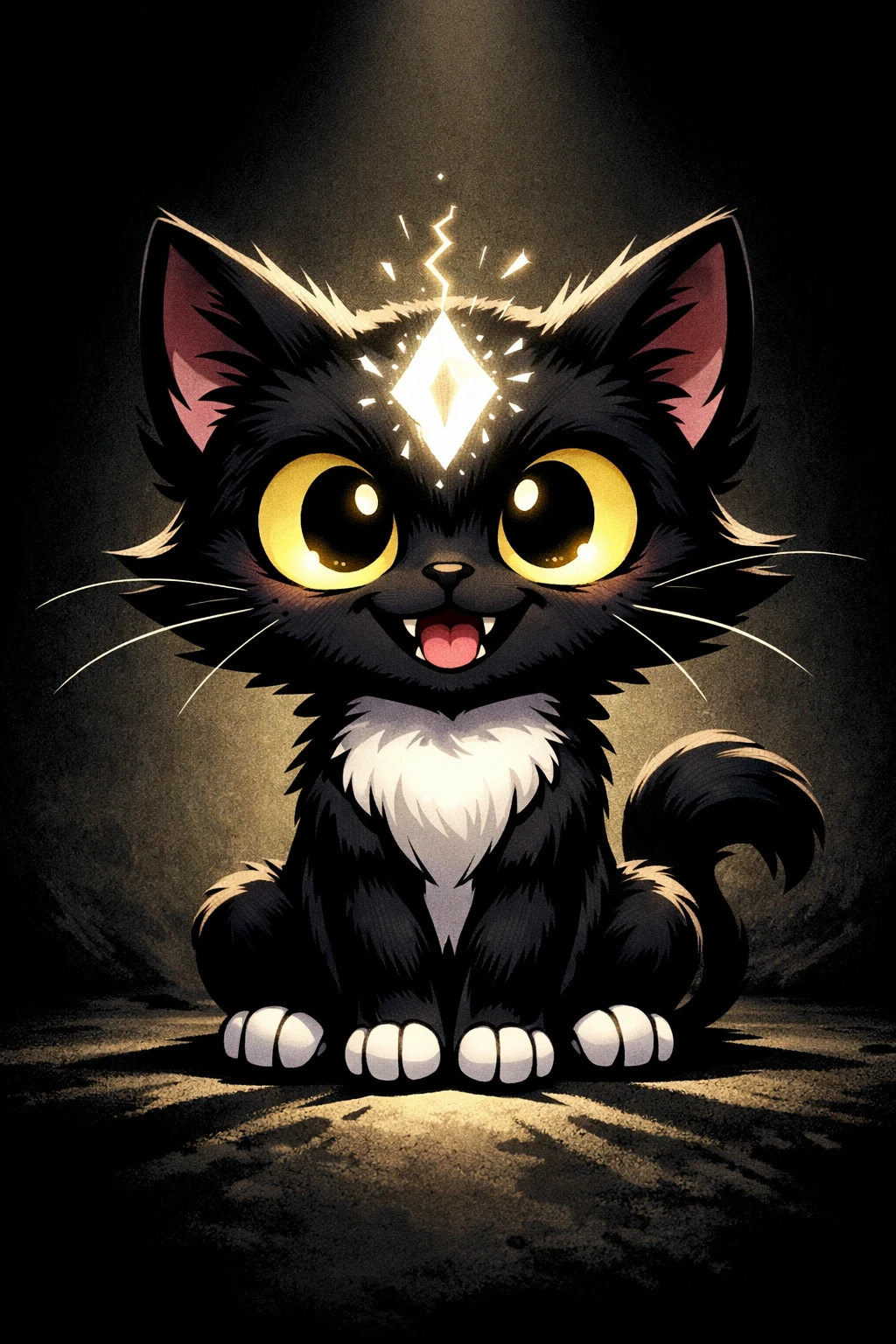 Cartoon-Schwarze Katze mit leuchtendem Diamantmal im dramatischen Licht
