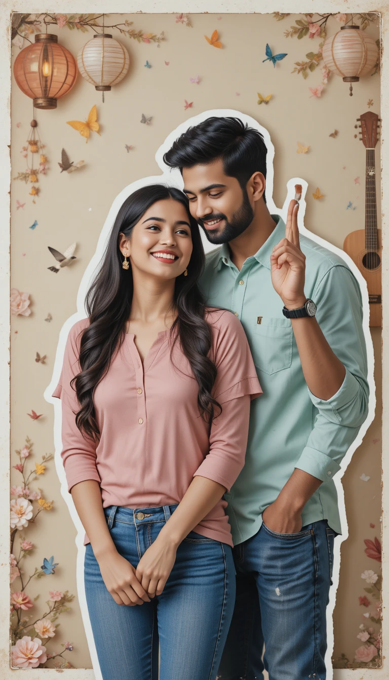 Romantic poster of young Indian couple in scrapbook frame