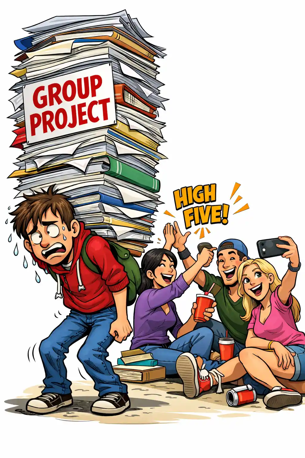 Overworked student hauling group project beside carefree teammates