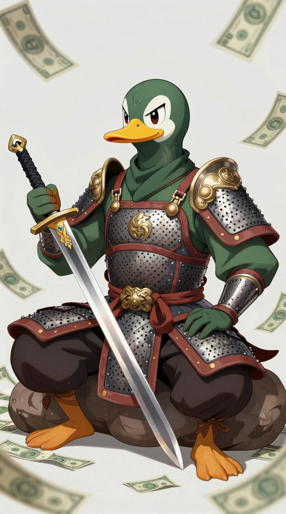 Anthropomorphic anime duck ninja warrior in a silent monastery