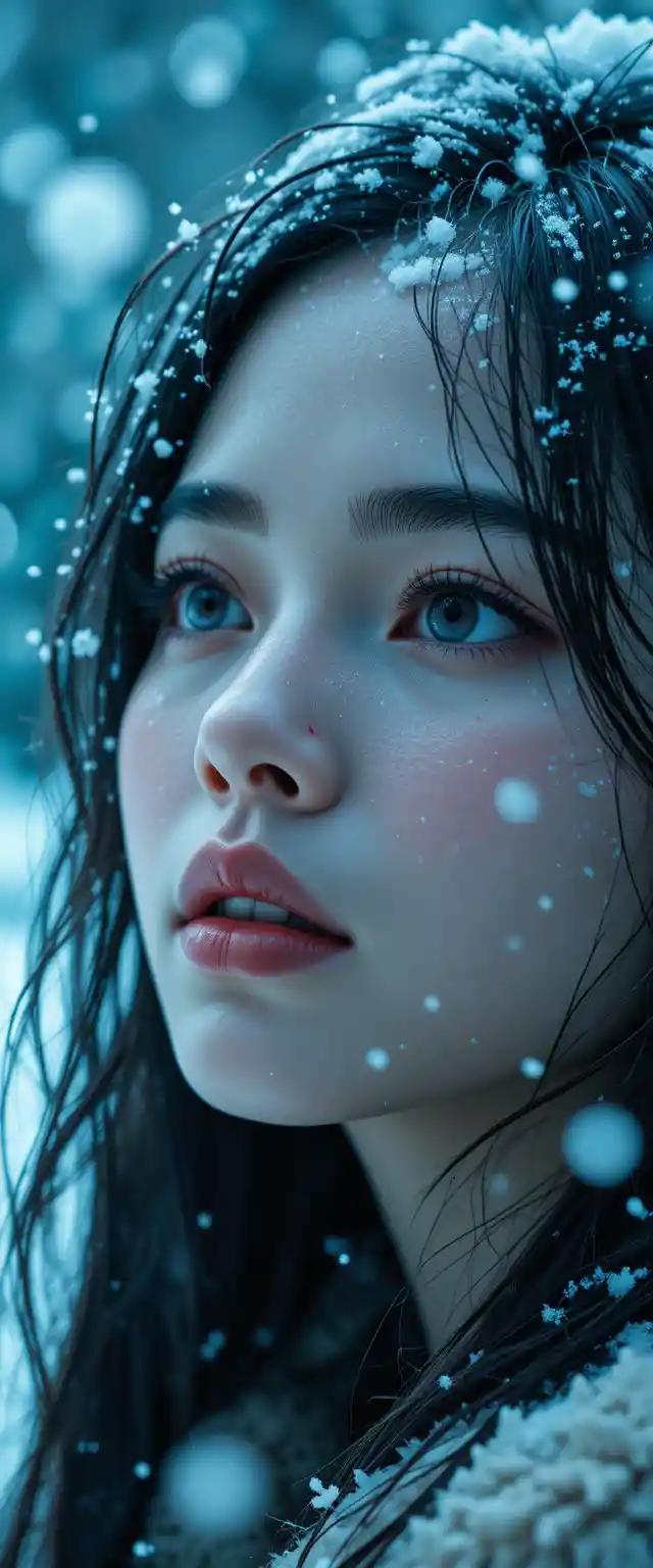 Dreamy winter close up portrait of a young woman