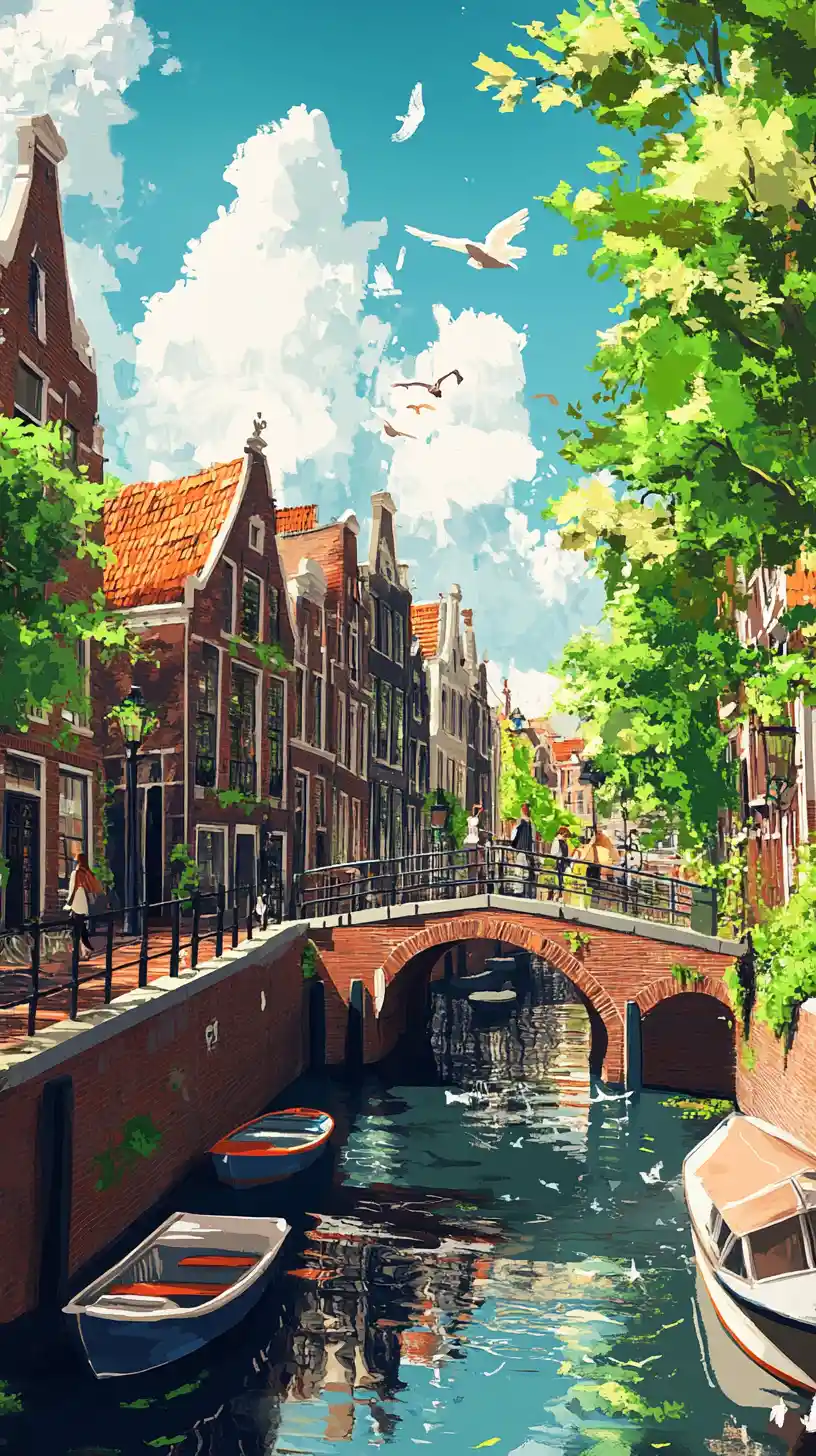 Serene european canal with bridge houses and boat