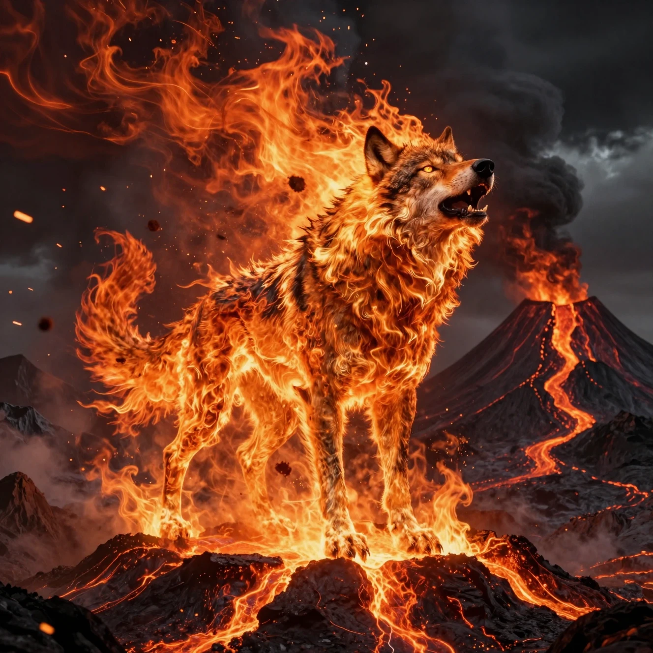 Fiery Wolf Spirit Rising From The Heart Of A Volcano