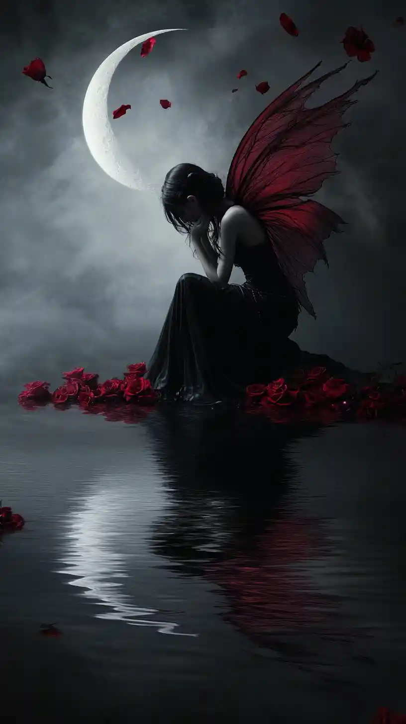 Fairy By Crescent Moon Reflected In Dark Rippling Water