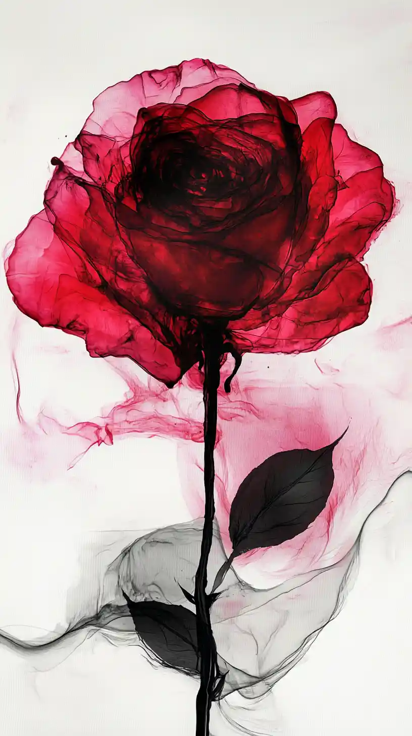 Rose abstraite à l’encre noire dramatique avec des touches de couleur vives