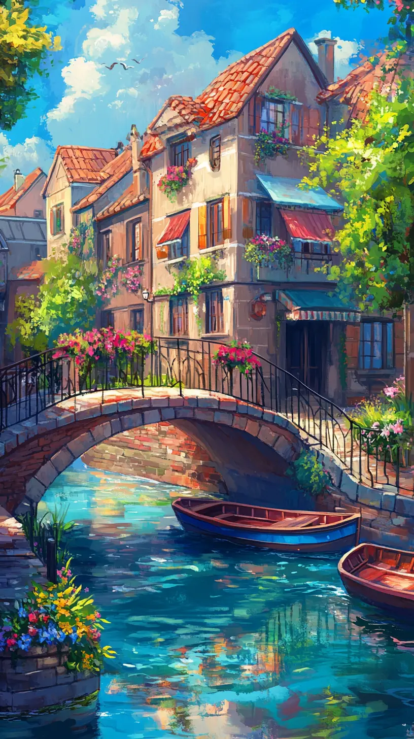 Serene European canal with bridge and walking girl